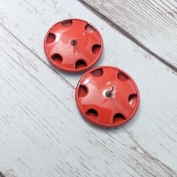 Vintage Earrings For Pierced Ears - Metal Red Circle 0.75"- Broken Stud - Picture 3 of 5